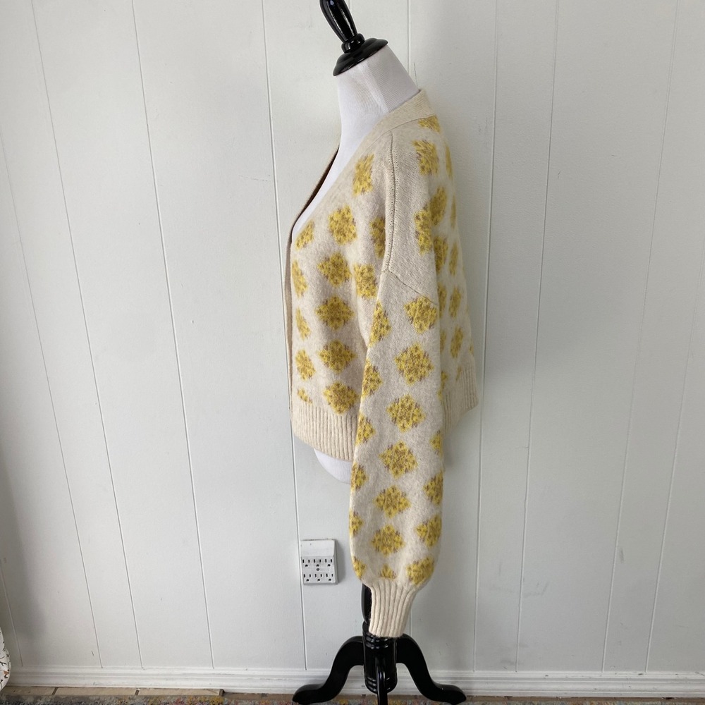 Zara Sz M Yellow Diamond Knit Jewel Button Cardigan Cream Wool Alpaca Blend - Picture 11 of 11